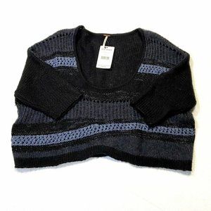 Free People Womens Waffle Knit Crop Pullover Navy/Black Sweater - Size SMALL